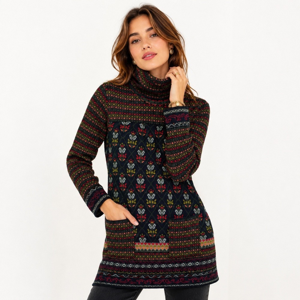 April Cornell Guinevere XL Navy Blue Floral Fair Isle Cotton Knit Sweater Dress